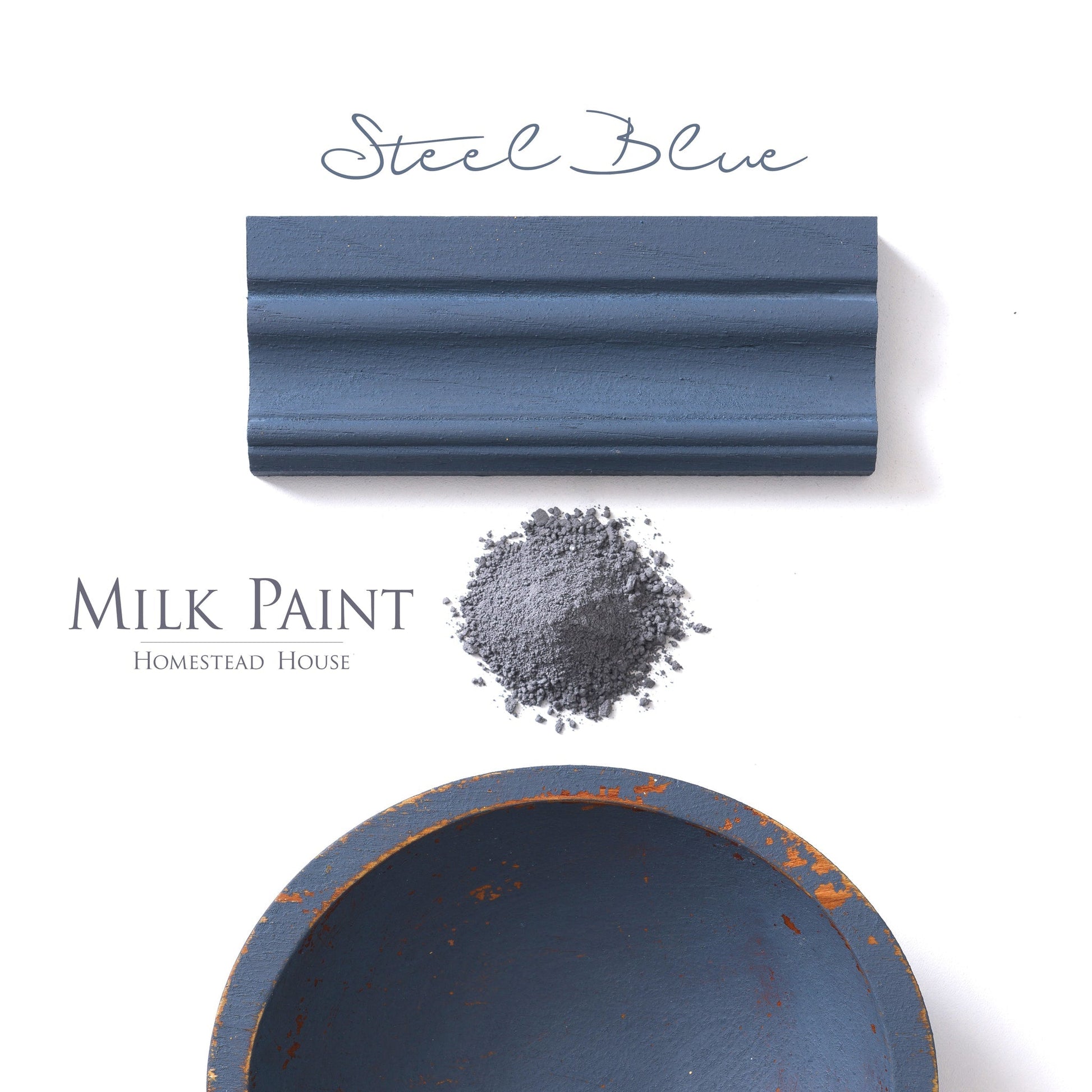 Milk Paint from Homestead House in Steel Blue -Deep rich muted blue with a grey undertone. | homesteadhouse.ca